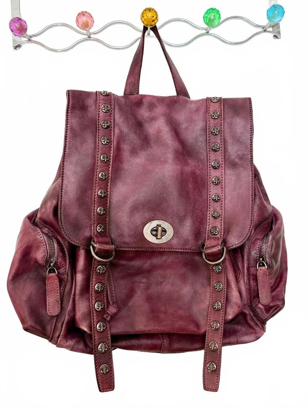SUPER RARE Old Trend Plum Burgundy Distressed Leather Studded Backpack NOS